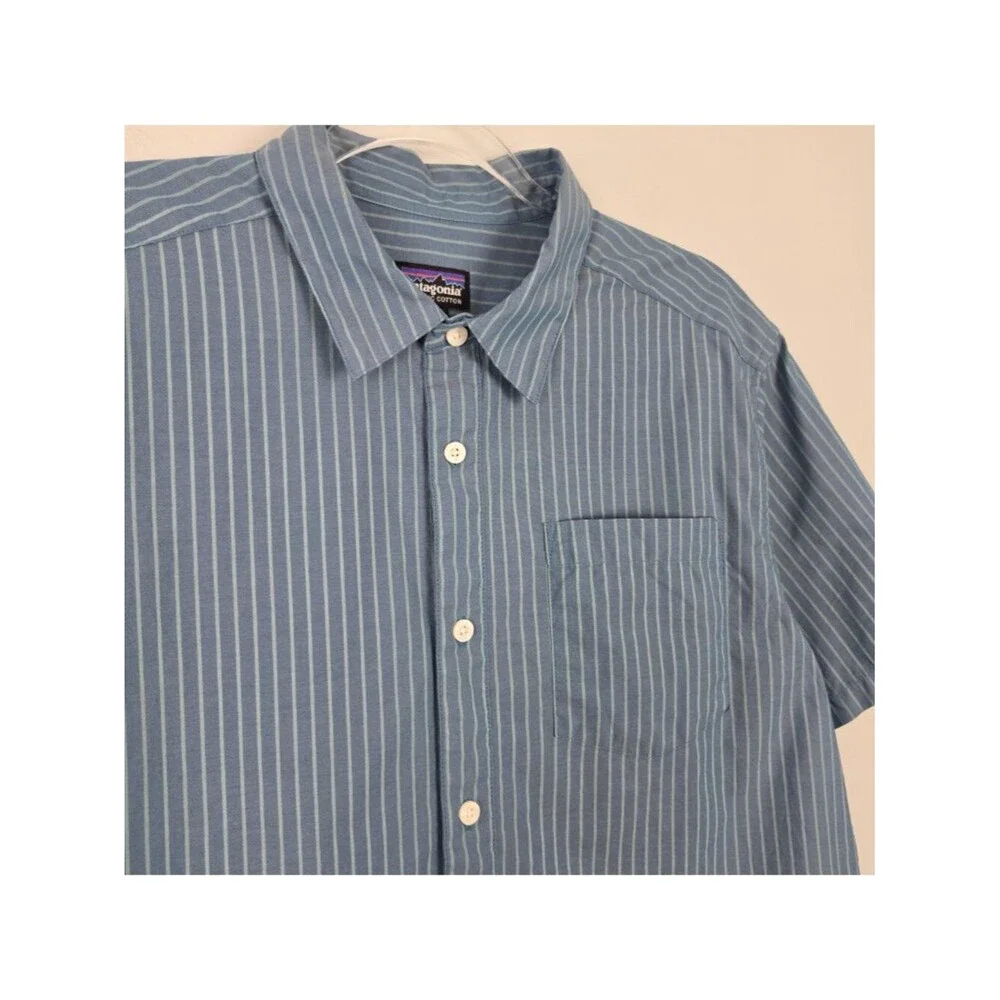 Patagonia Fezzman Button Shirt Short Sleeve Organic Cotton Striped Blue Size M